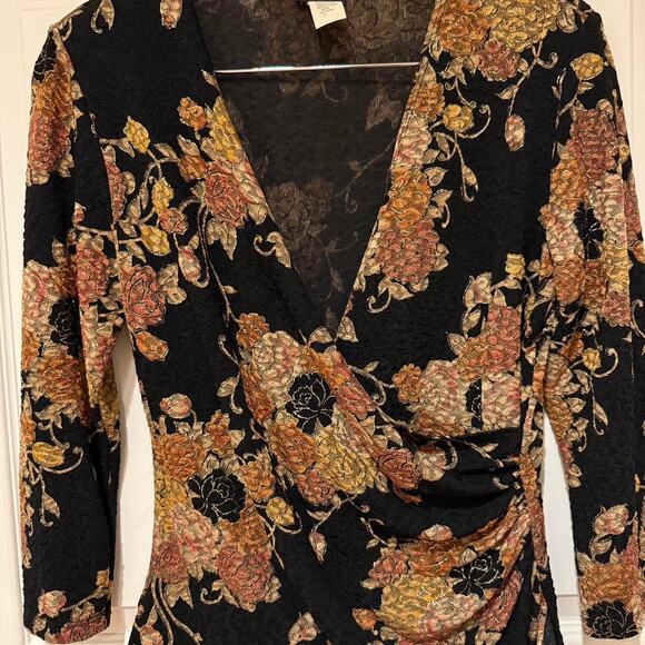 VTG MSK black & gold metallic  floral wrap empire style top beaded fringe - Picture 1 of 6